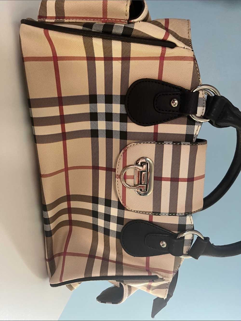 Classic Plaid Satchel Handbag in Beige - Picture 2 of 16